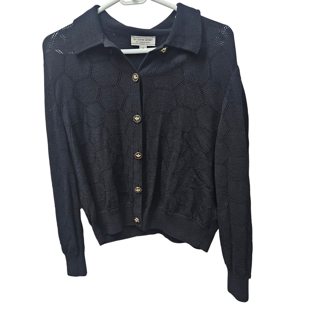 St. John Sport Cardigan Womens Medium Black Pointelle Honeycomb Bee Button Knit
